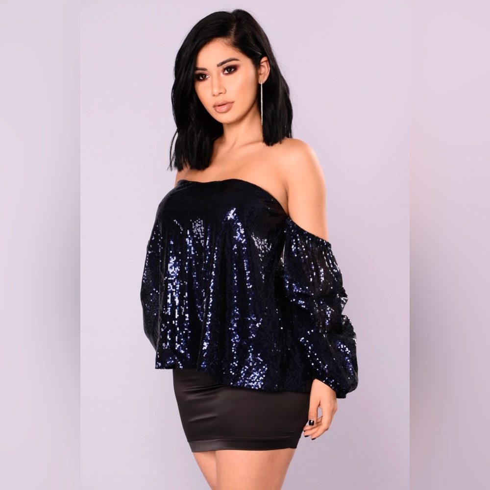 Fashion Nova Midnight Blue Mesh Sequin Top NWT